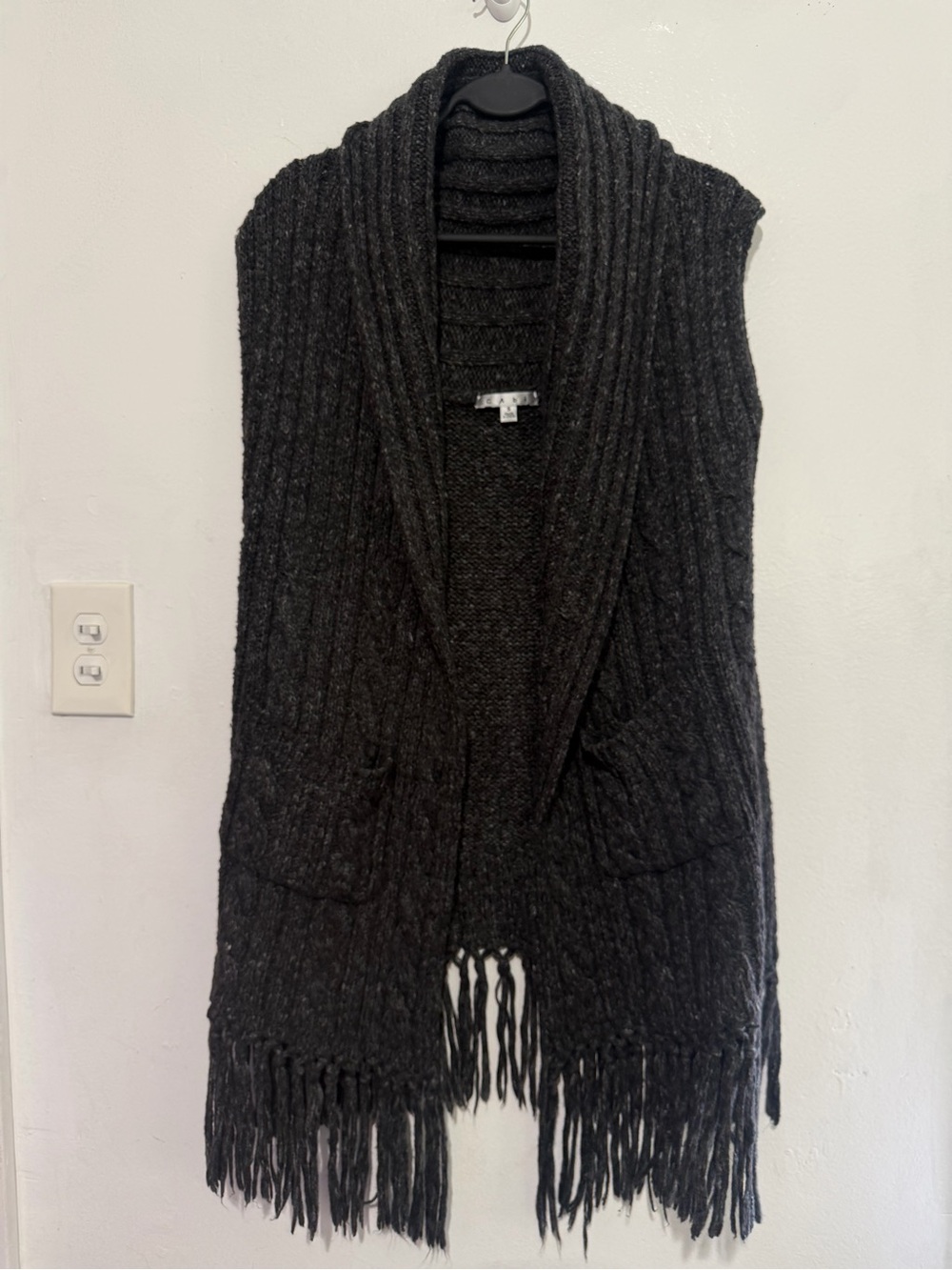 CAbi Dark Charcoal Open-Front Fringe Ribbed Cardigan